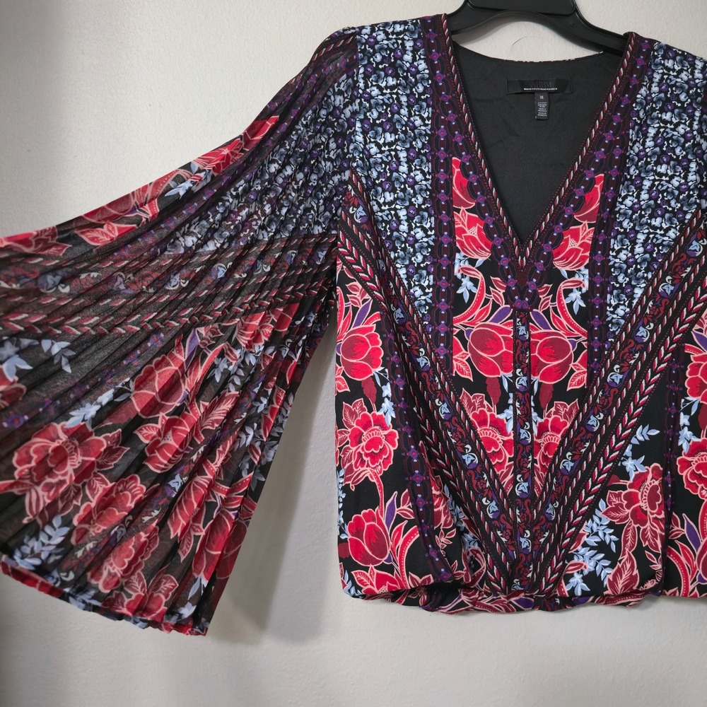 White House Black Market Floral Pleated Bell Sleeve V-Neck Blouse Red Blue M